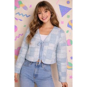 New Patchwork Quilted Reversible Blue Jacket Size Small Girly 90's Cottagecore